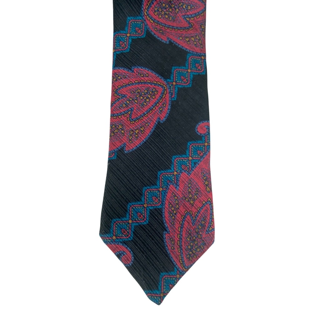 Givenchy Mens Necktie Silk Italy VTG Black Crimson Turquoise Paisley 56.5x3.5